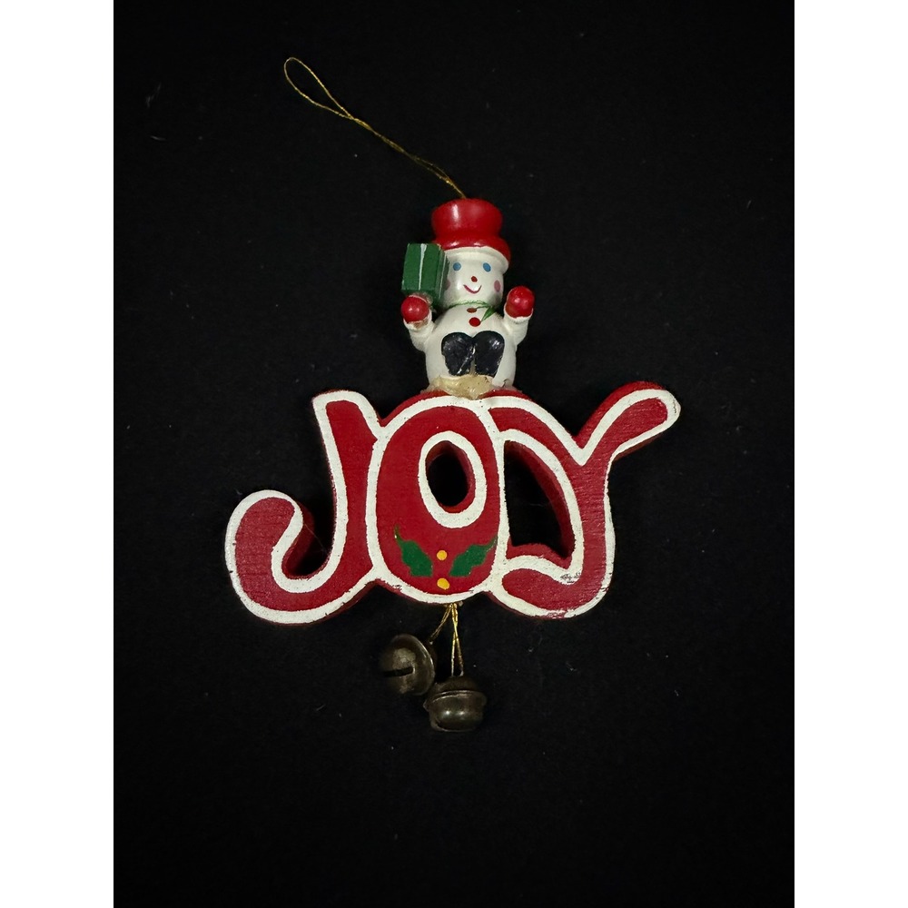 Vintage Wooden Snowman JOY Christmas Ornament Jingle Bells Red White Green 4.5"